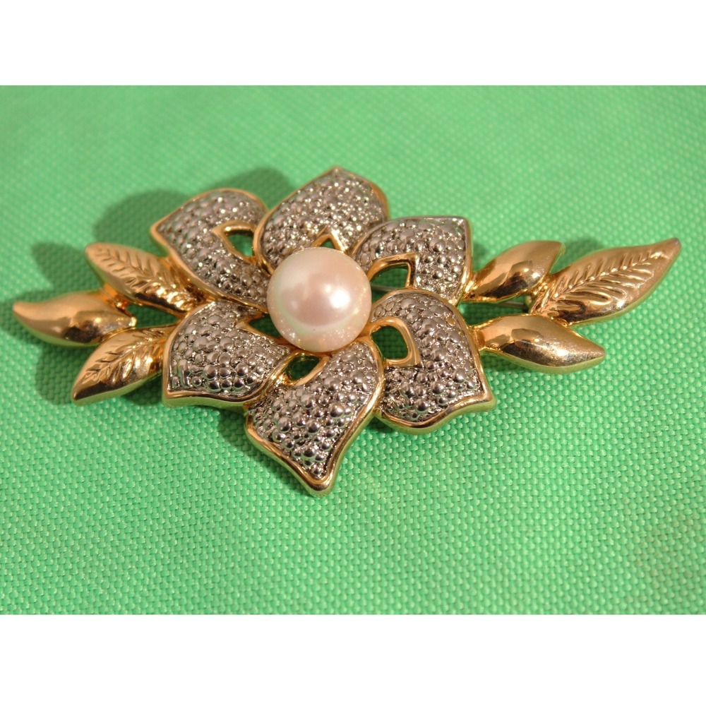 Vintage Park Lane Pave Rhinestone Floral Faux Pearl Goldtone Statement Brooch